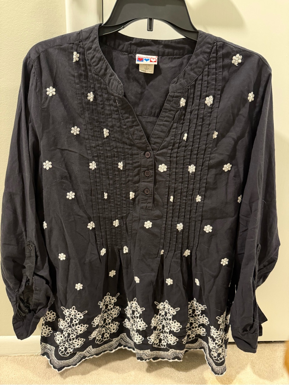 Women's Navy Embroidered Peasant Blouse - Floral Detail